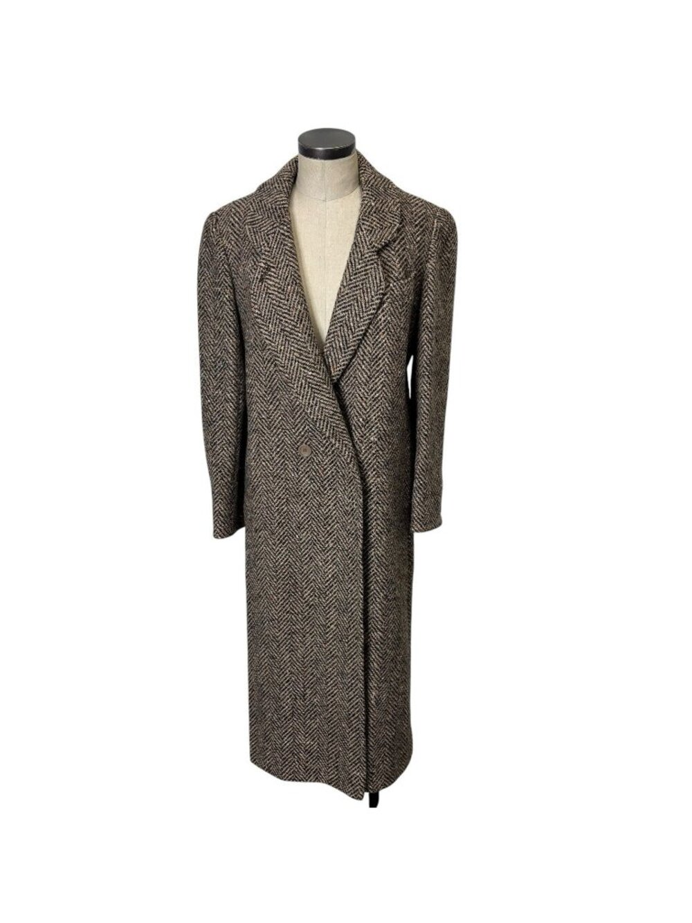 Vintage Cassidy Double Breasted Herringbone Tweed Wool Long Coat 12 Tan Hungary